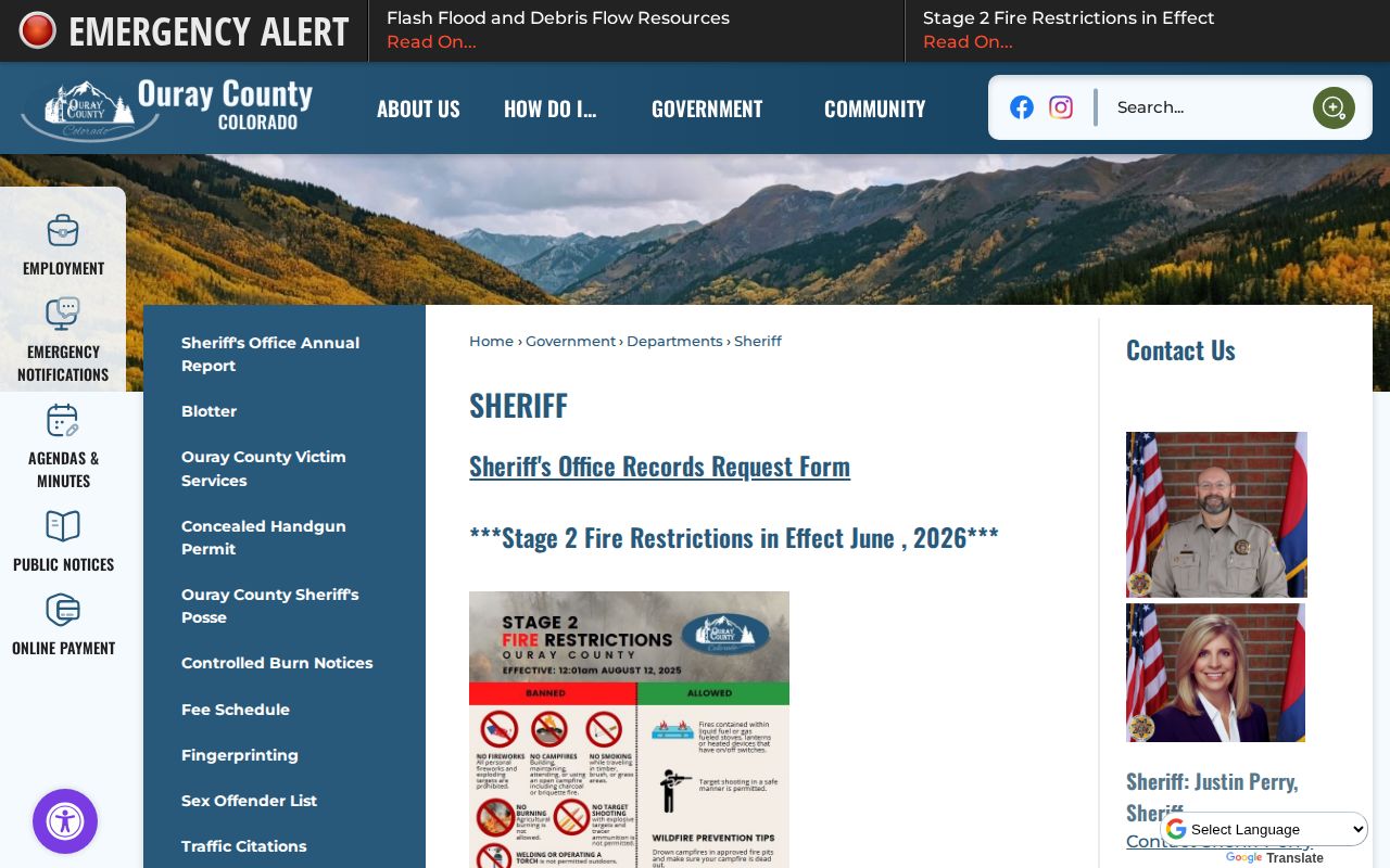 Ouray County Sheriff booking record and mugshot request access