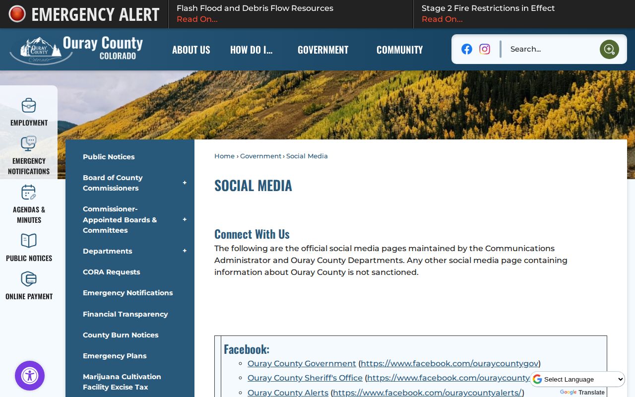 Ouray County Sheriff's Office official social alert directory