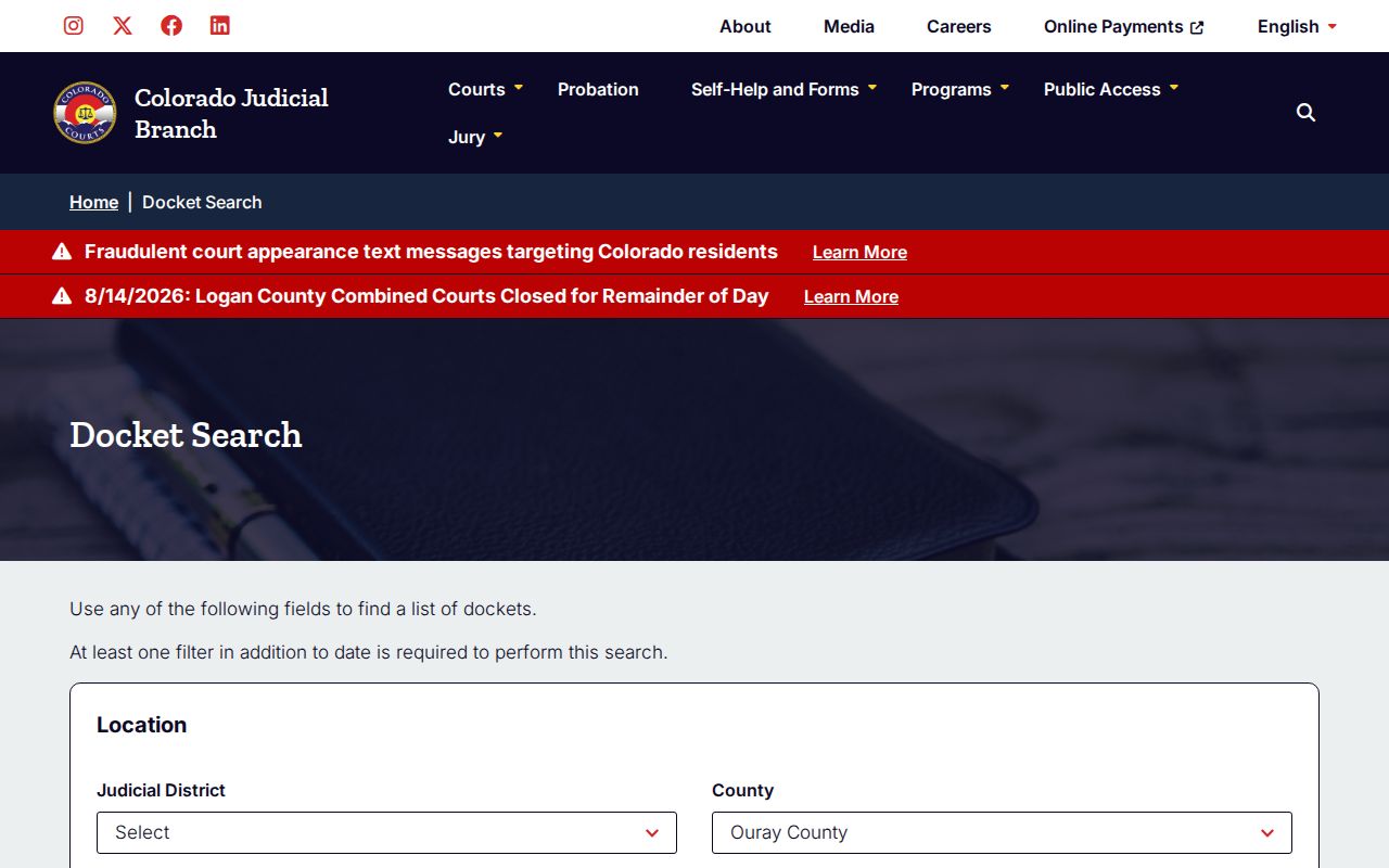 Ouray County arrest case docket and booking disposition search