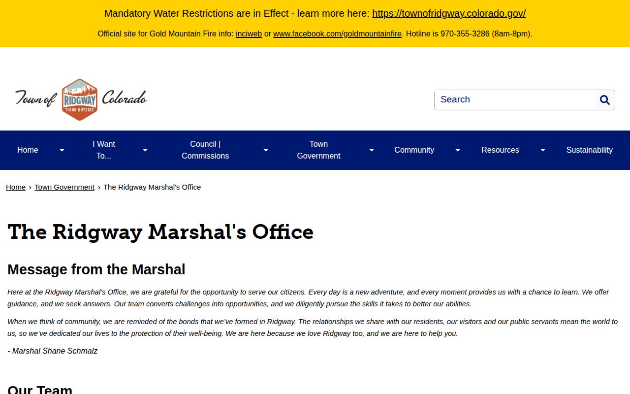 Ridgway Marshal's Office arrest records contact in Ouray County